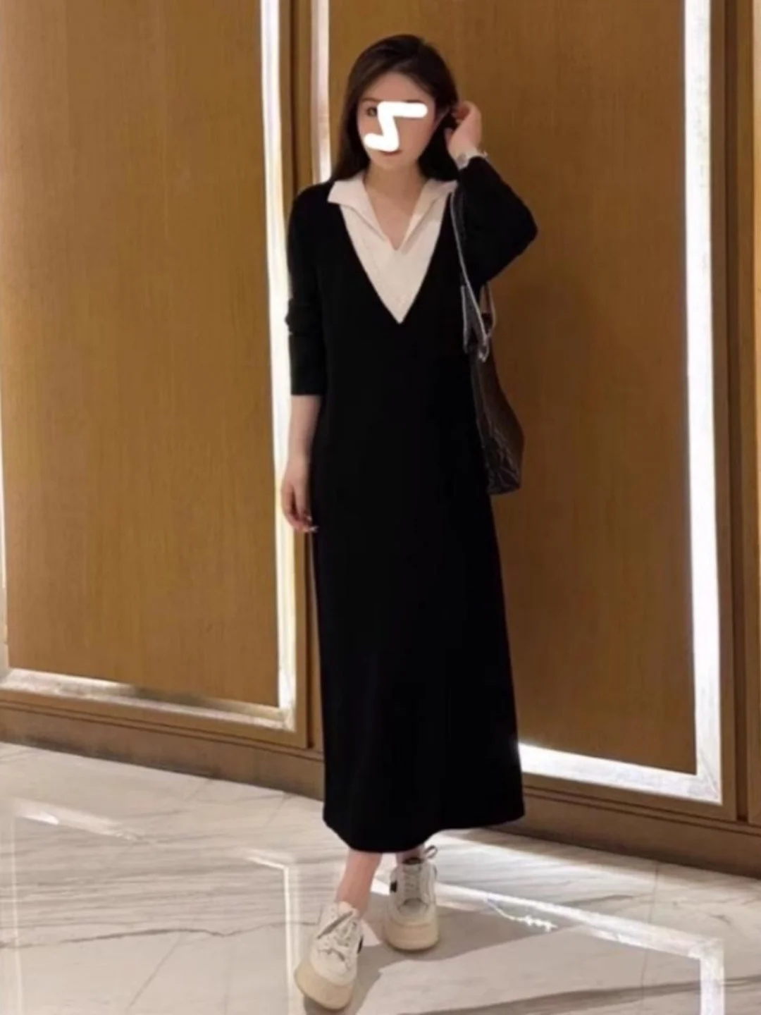 Extra Large 300 Pounds  Collar Long Sleeve Knitted Dress Knee-Length Overcoat Fake Two-Piece Base Layer Sweater Dress