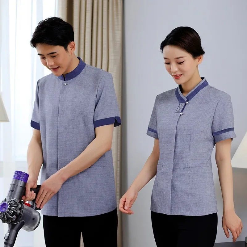 Unisex short sleeve new style cleaner staff top 5 star hotel uniform design housekeeping