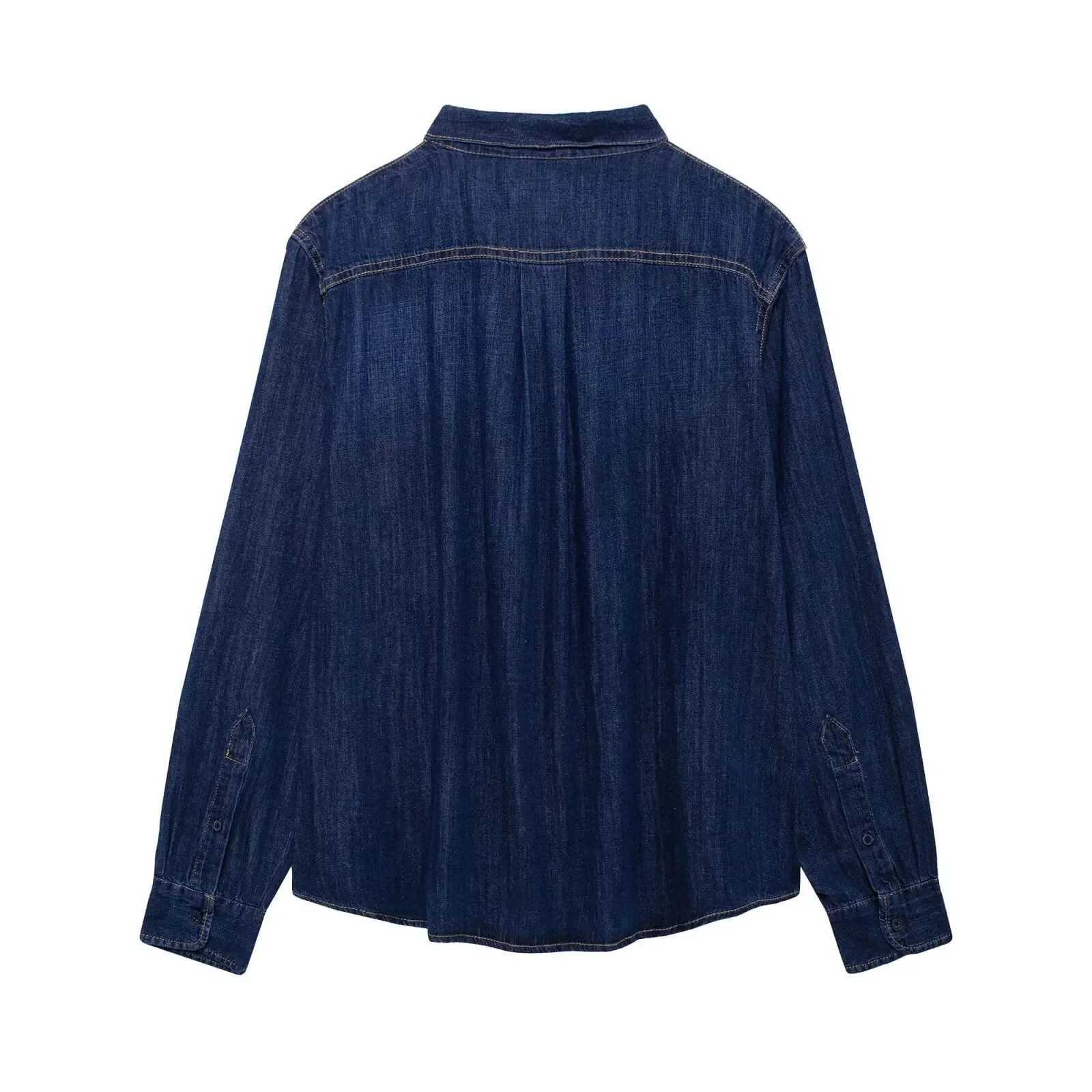 Outono manga cheia gola camisa novo estilo único bolso denim camisa borboleta nó decoração feminina botão até ajuste fino