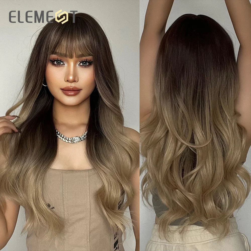 

ELEMENT Synthetic Wig Long Water Wavy Ombre Dark Brown with Bangs Wigs for Women Party Daily Hair Heat Resistant Natural Fashion