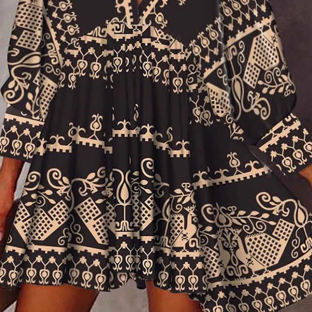 Autumn Vintage Print Mini Dress Women Fashon Sexy Deep V-neck Long Sleeve Dresses Women Casual Loose A-Line Robe Feame