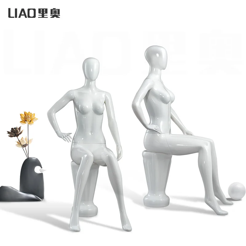 

White Full Body Sitting Female Mannequin Real Size with Stool Clothing Plastic Model for Display