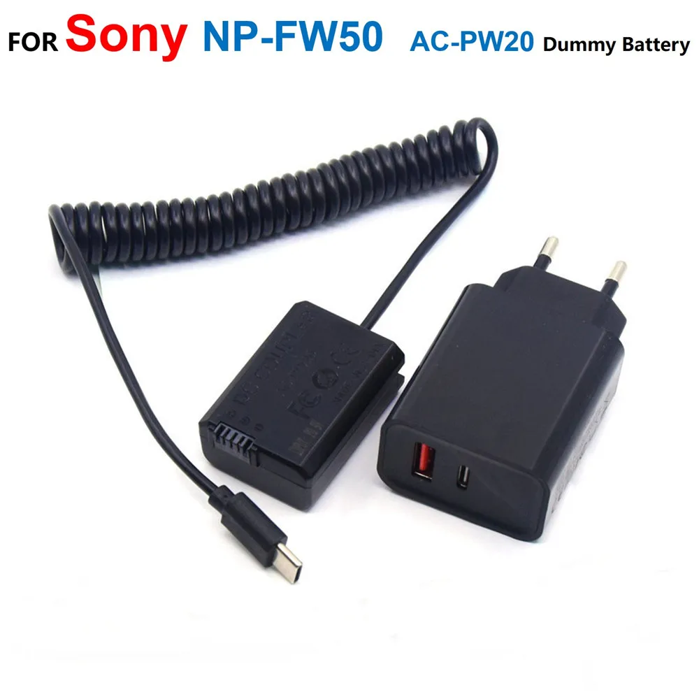 

NP-FW50 AC-PW20 Dummy Battery USB C Power Bank Cable+PD Charger For Sony RX10 A7M2 A7II A7S2 A7R A7RII A6000 A6300 A6500 A7000