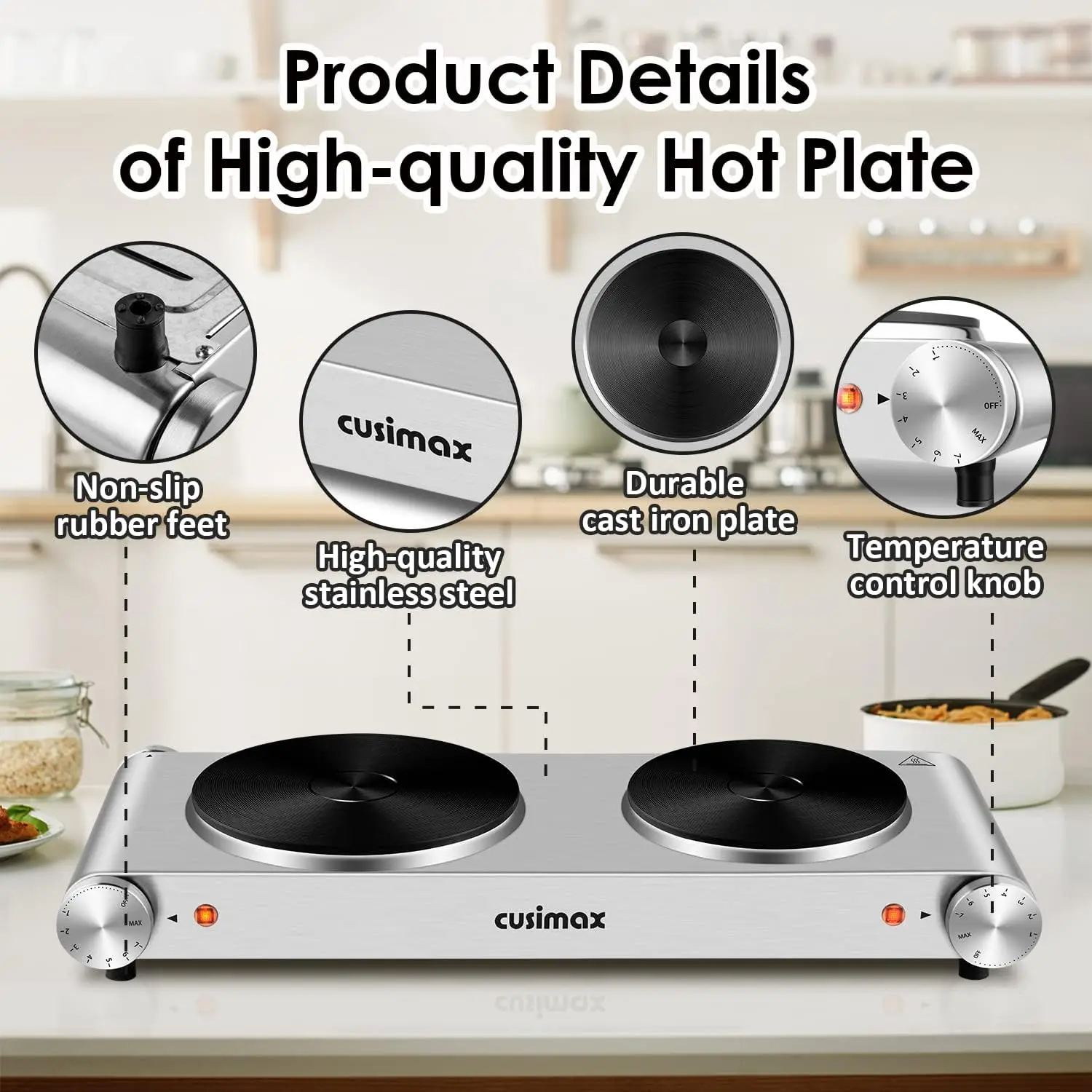 Electric Double Burner Hot Plate, 1800W Cast Iron Cooktop, Portable for All Cookware, Easy Clean