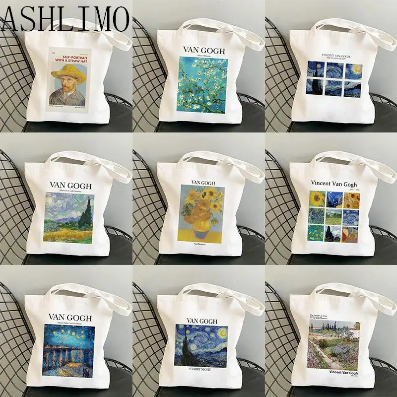 Bolso de compras con pintura de Van Gogh Harajuku para mujer, bolso de compras de lona, bolso de mano para niña, bolso de hombro para mujer