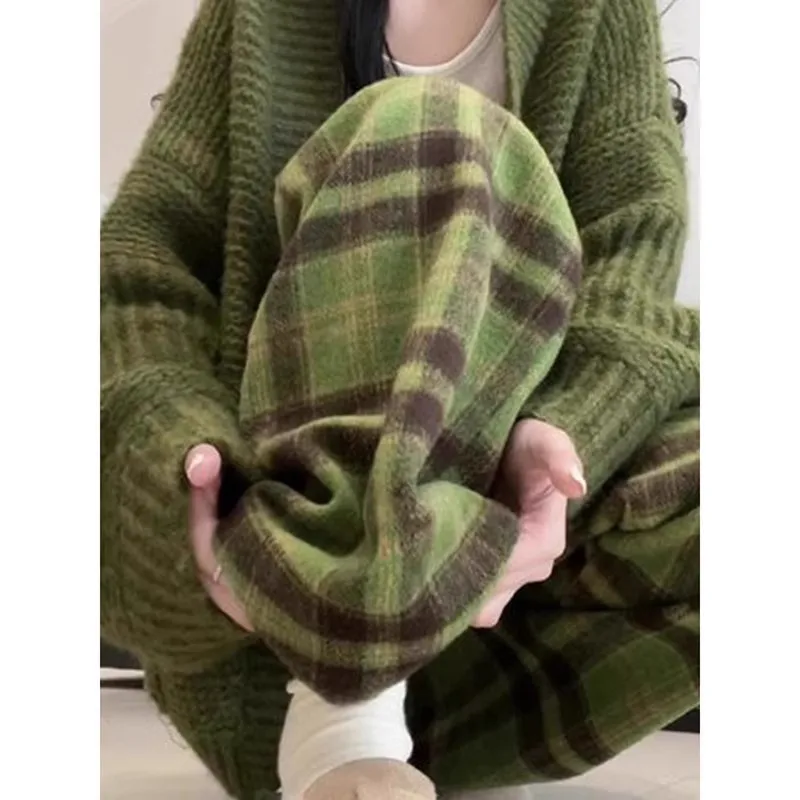 

plus Size Men's een Woolen Plaid Pants High Waist Drapey Fce Lined Slim Wide Leg Casual Trousers for Autumn Winter