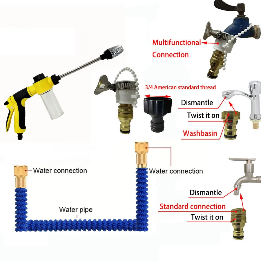 خرطوم حديقة الأنابيب خرطوم المياه توسيع خرطوم سحري 7 أنماط مدفع المياه رغوة وعاء بكرات مرنة خرطوم مسدس غسيل السيارات البخاخ #5