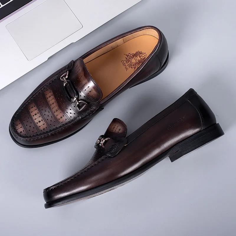 Top Quality Genuine Leather Men Dress Loafers New 2026 Breathable Men Elegant Metal Decorated Business Casual Moccasins Shoes