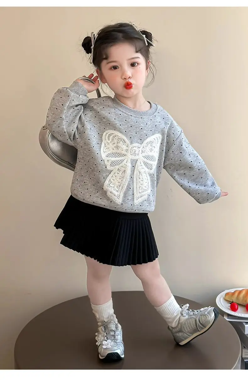 Kleinkind Mädchen Sweatshirt mit Großer Spitze und Schleife Lässiger Baumwoll-Pullover mit Punkten für Kleinkinder Rundhals Langarm Oberteil Kinderkleidung – Detail 14