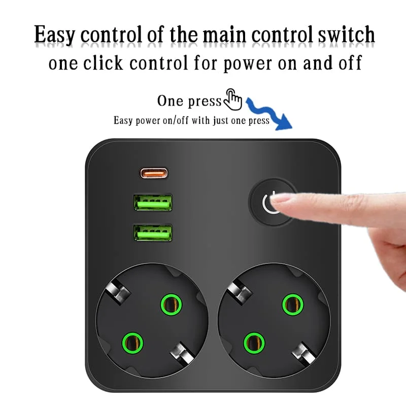 EU Plug Outlet 2 Sockets Multitap Wall Power Strip Electrical Socket No Extension Cord with 2 USB 1 Type-C Ports 2500W MAX Power