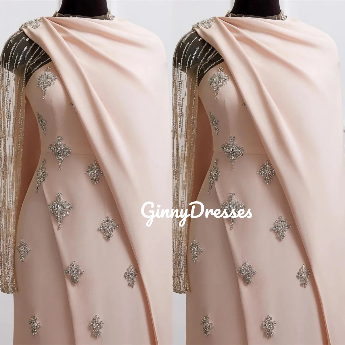 Split Customize Dresses For Women Cap Straps Floor-Length Zipper Up Women'S Evening Dresses Beadings Long Sleeves Vestidos De Fi