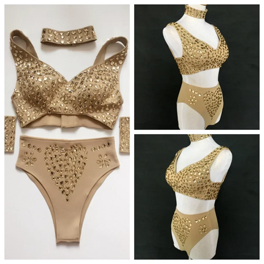 Sparkly Rhinestones DJ Bikini Outfit Sexy Pole Dance Bra Shorts Set for Bar Dancer Nightclub Party Show Performance Costume