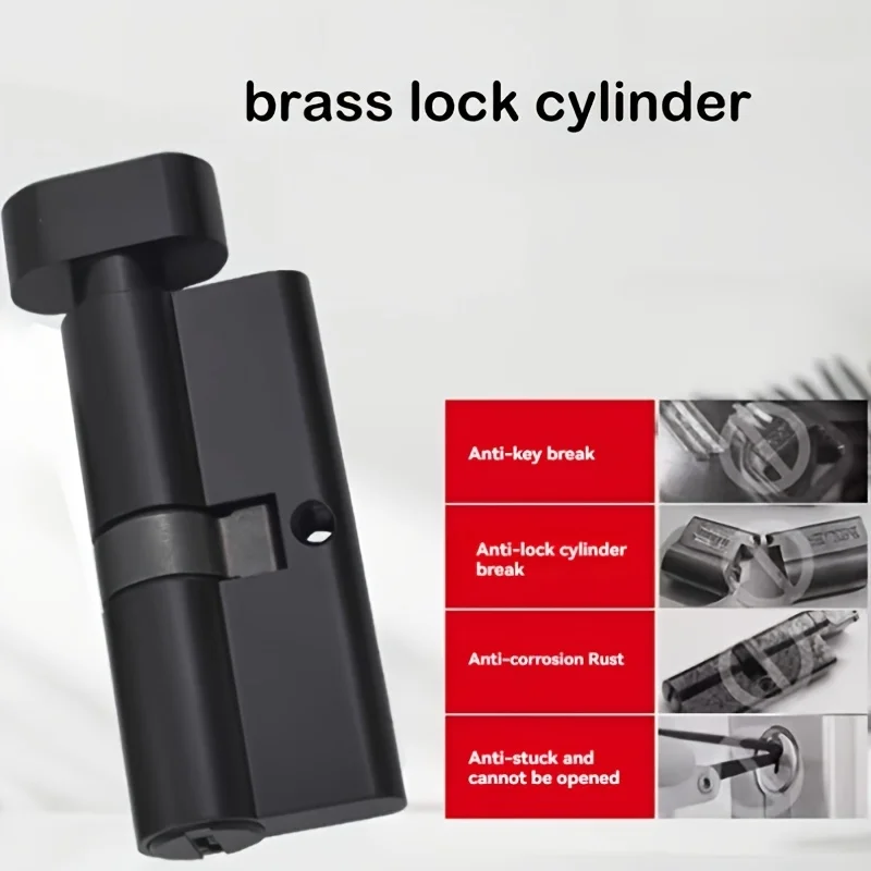 1Pc European Standard 60 mm (25+10+25 Segmented), 70 mm (30+10+30 Segmented) Solid Brass Black European-Style Large Lock Cylinder, with 5 Keyed Cam Locks; Single-Sided Opening Brass Lock Cylinder, Rust-Proof, Corrosion-Resistant, Replaceable Universal European Standard Lock Cylinder