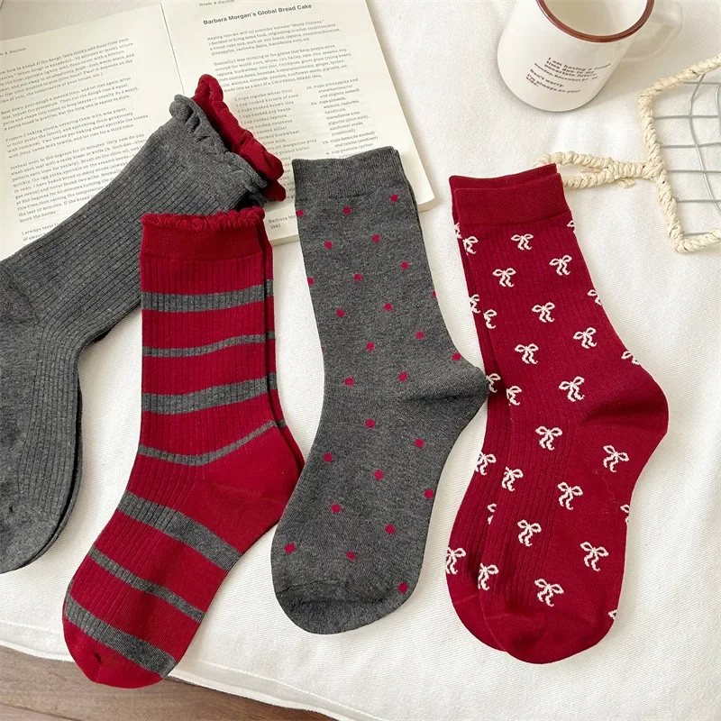 Women Socks Red Long Socks Kawaii Japanese Fashion Striepd Socks for Women Breathable Fashion Comfort Red Cute Autumn