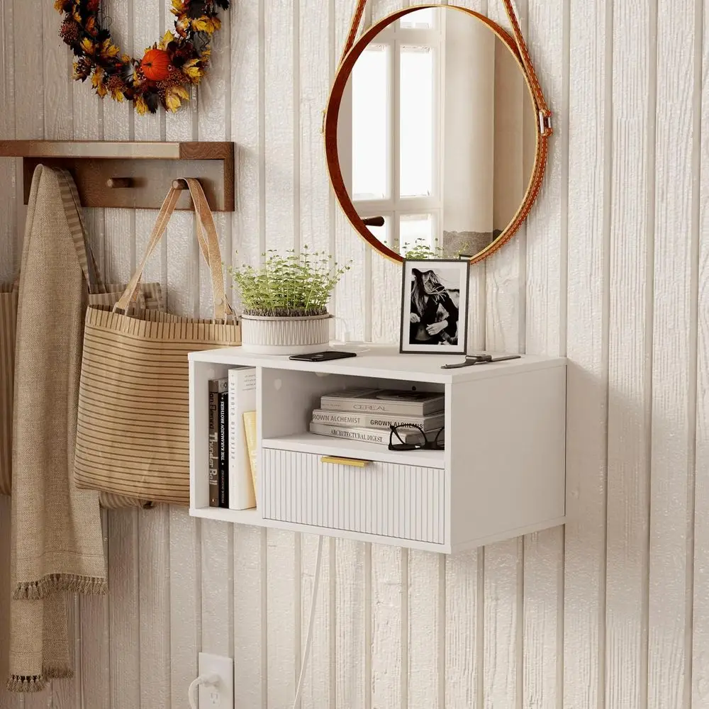 Mesa de cabeceira branca moderna com carregamento embutido e iluminação LED