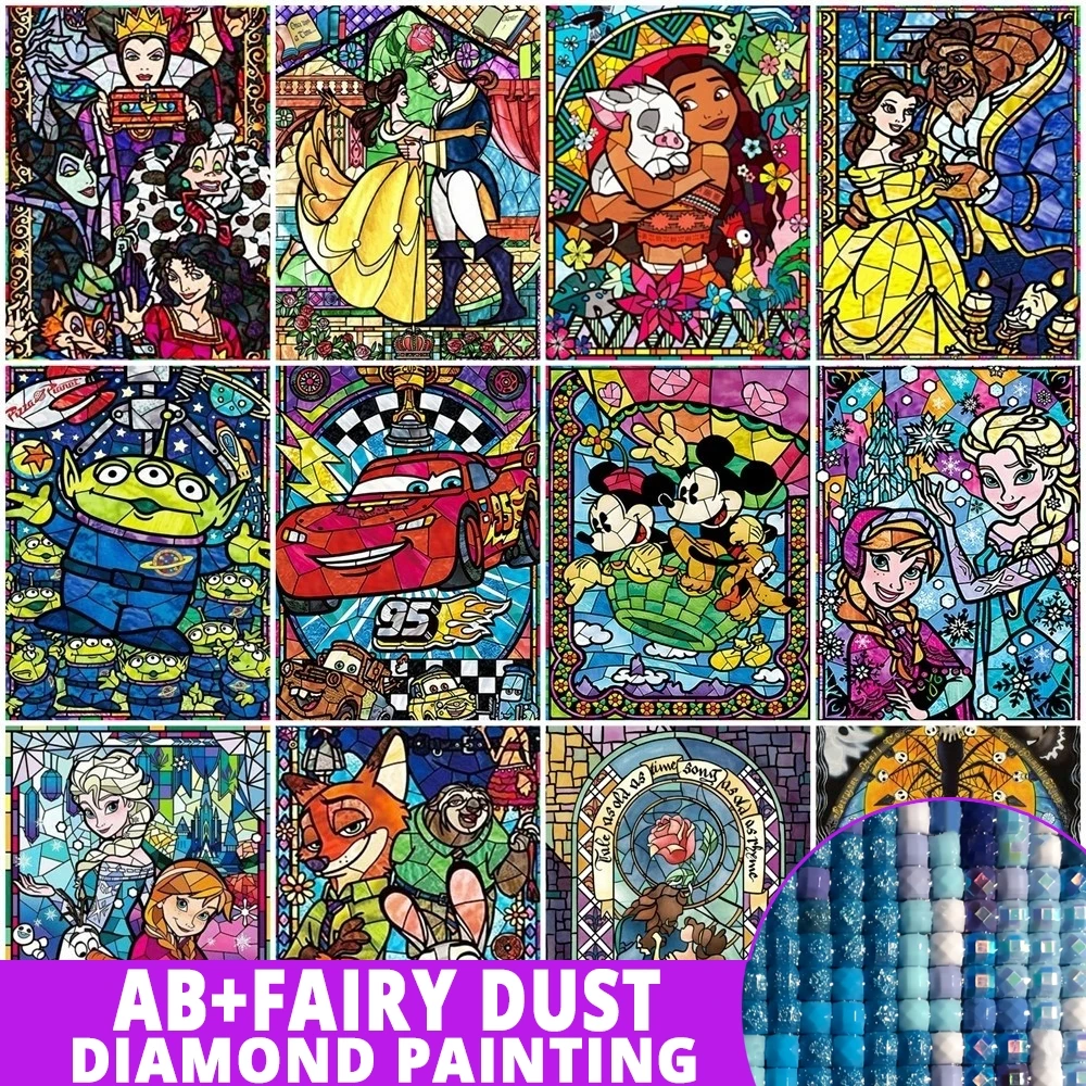 AB Princess Diamond Painting Stained Glass Fairy Dust Convergence of Characters Disney Cartoon DIY Full Drill Mosaic Elsa Decor