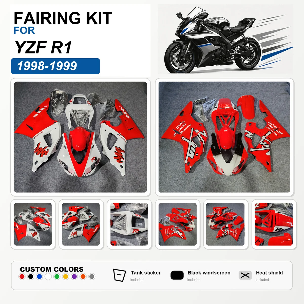 For YZF R1 1998 1999 Full Fairing Kit ABS Plastic Custom Painted Fairings Replacement Bodywork Cowl White Red