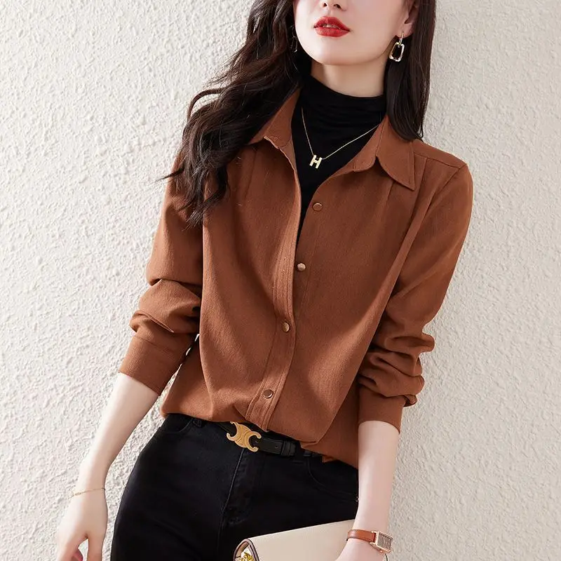 Fashion Lapel Button Solid Color All-match Shirt Women\'s Clothing 2022 Autumn New Loose Casual Tops  Office Lady Blouse