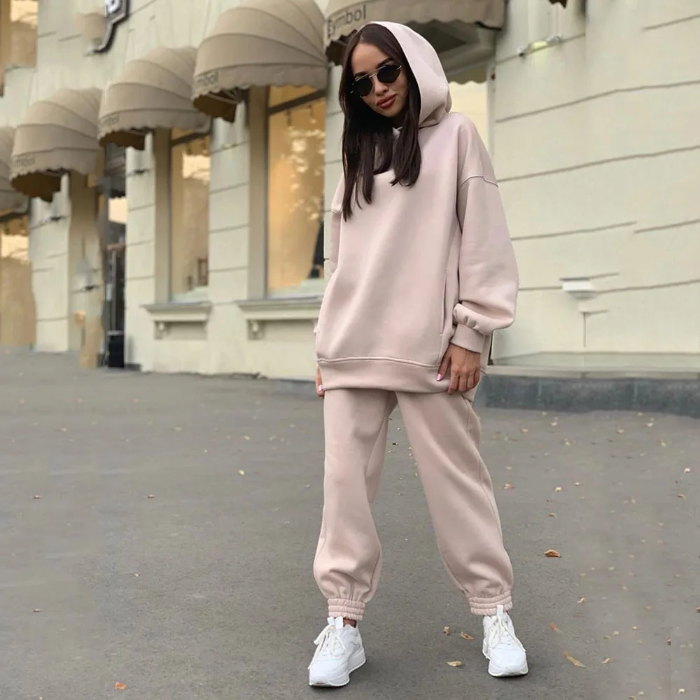 2023 Hot Selling European and American Autumn/Winter New Fashion Solid Color Hooded Hoodie Casual Two Piece Set