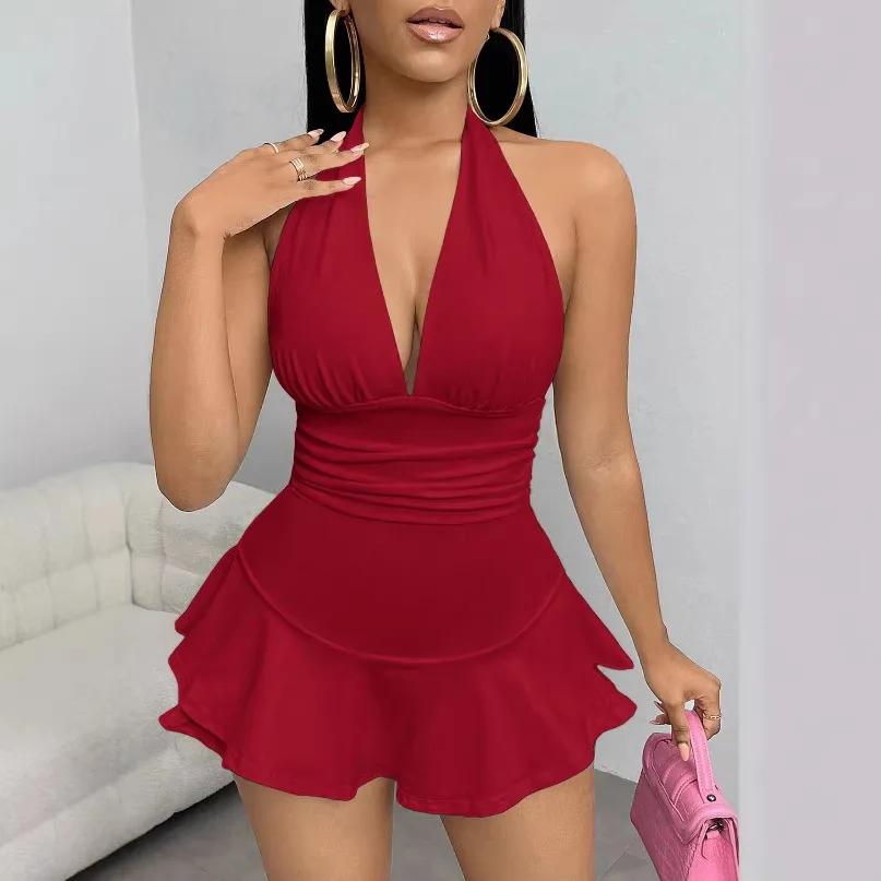 Summer Vacation Women's Fashionable Solid Color Backless Shoulder Neck Jumpsuit For Women Monos Cortos Monos Short Para Mujer view 4