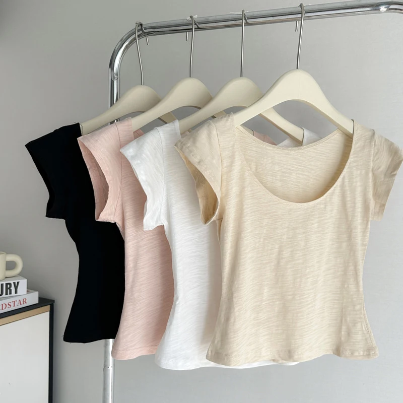 Mulheres sólidas com decote em u manga curta camisetas 2025 verão coreano moda magro recortado topos novo simples all-match inferior t