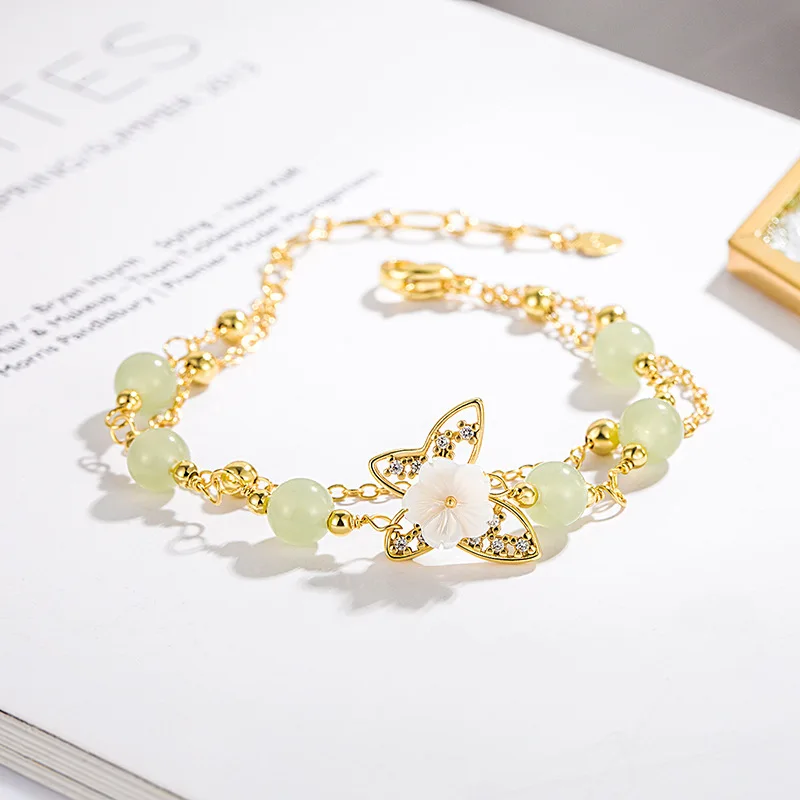 Blossom Branches Natural Hetian Jade Flower Simple Vintage Bracelet Women's All-match Double-layer Stacked Wear Girlfriend Gift