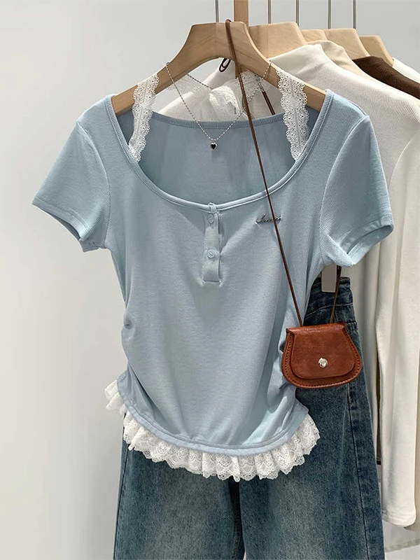 스파이시 걸 레이스 패치워크 오르트 스페이 티셔츠 여성 여름 네이징 벨트 디자인 슬리밍 탑 한국 스타일 출퇴근룩