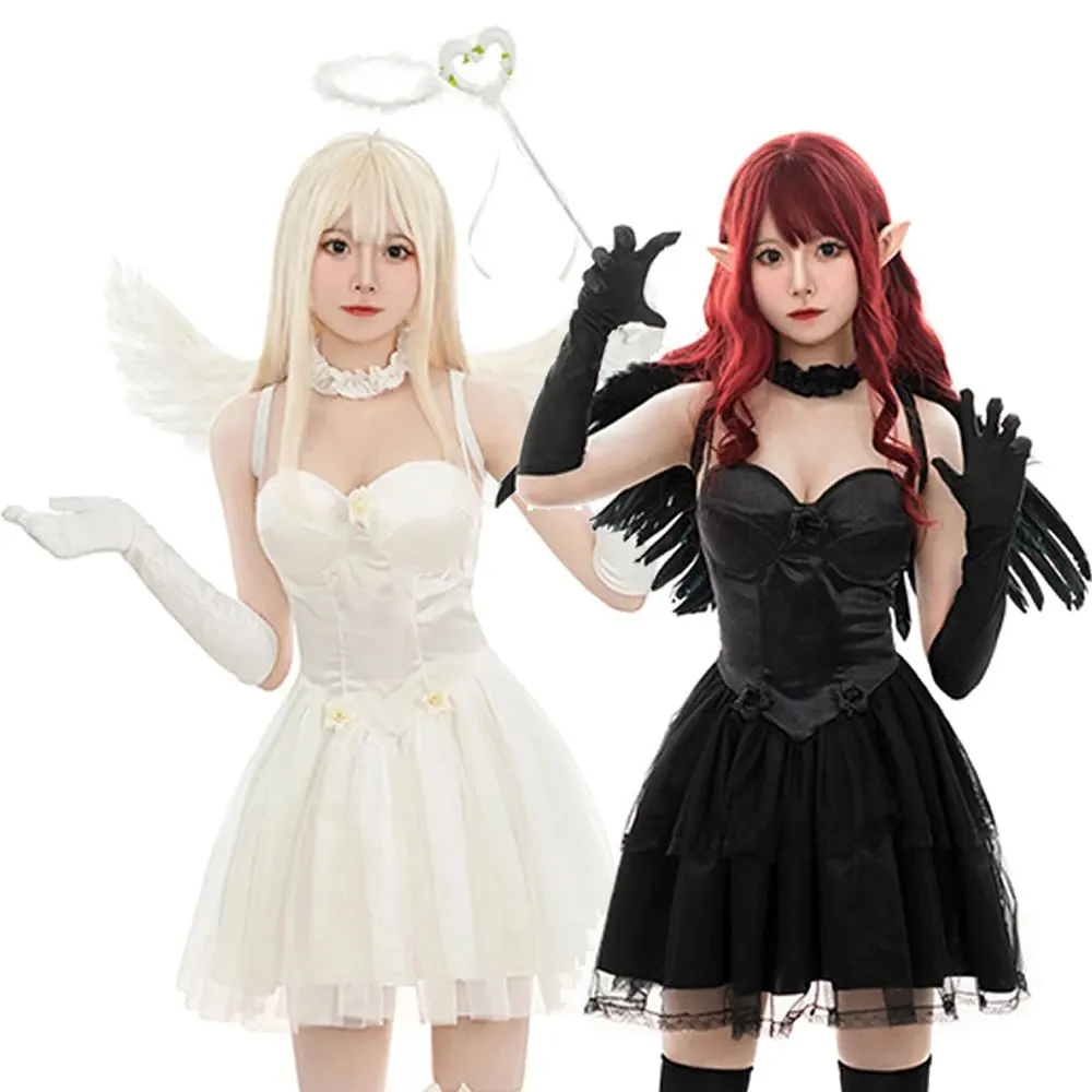 

Carnival Halloween Lady Fallen Angel Demonic Costume Dark Desir Halo Feather Wings Spooktacular Cosplay Fancy Party Dress