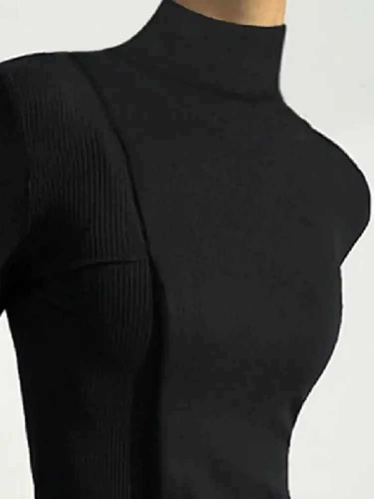 Onecozyday 2024 Autumn Solid Black Slim Fit Tops High Neck Long Sleeves Split-Joint T-shirt for Women Casual Pullovers