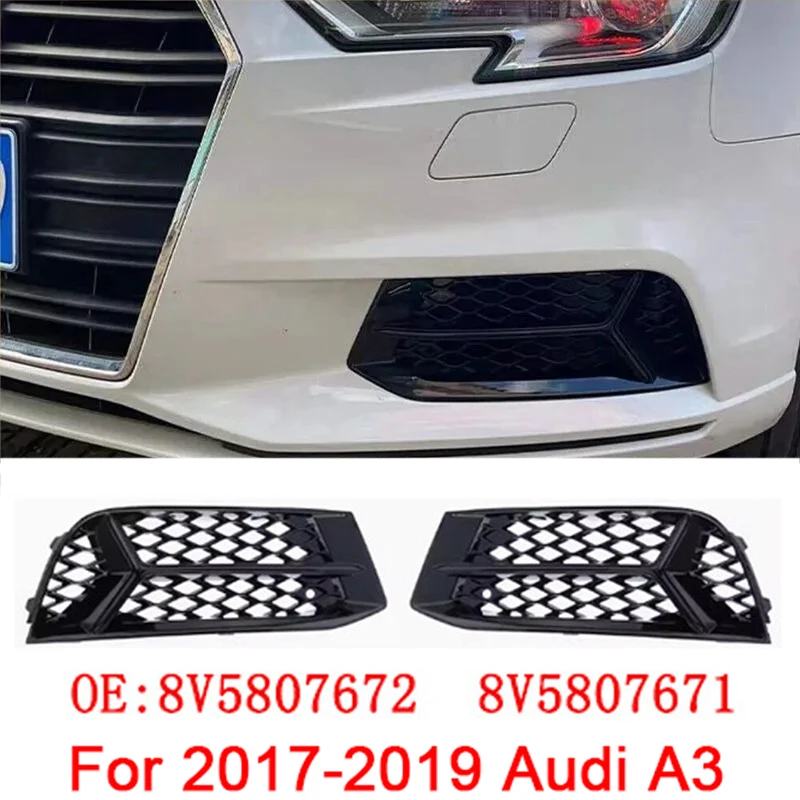 

2 шт., черный автомобильный передний бампер из АБС-пластика, противотуманная фара, нижняя рамка, решетка для Audi A3 2017-2019 8V5807671 8V5807672 8V5807681AA