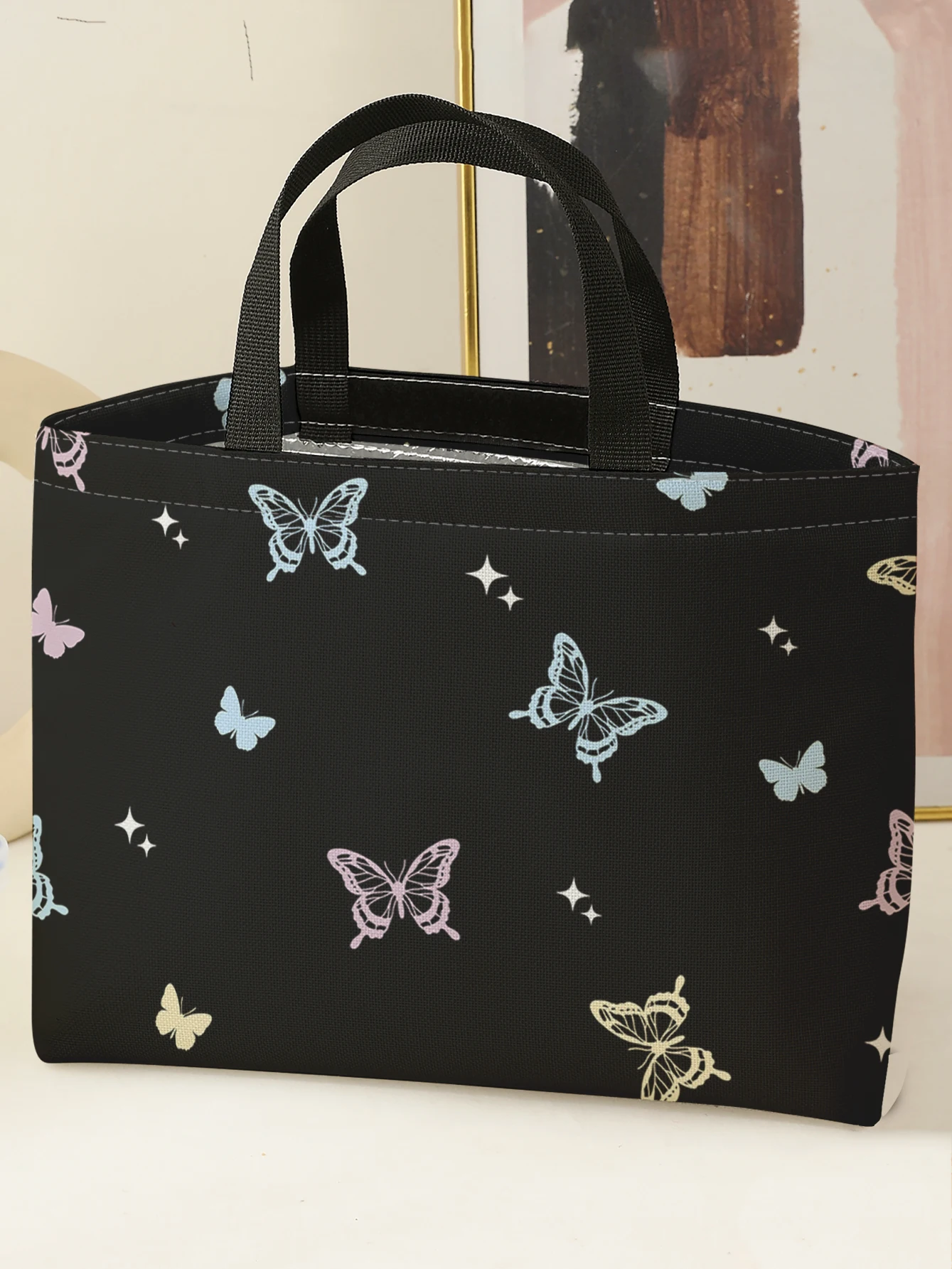 Pastel Butterfly Star Print Black Insulated Lunch Tote Aluminum Foil Liner Reusable Cooler Bag For Student Travel Picnic Daily U