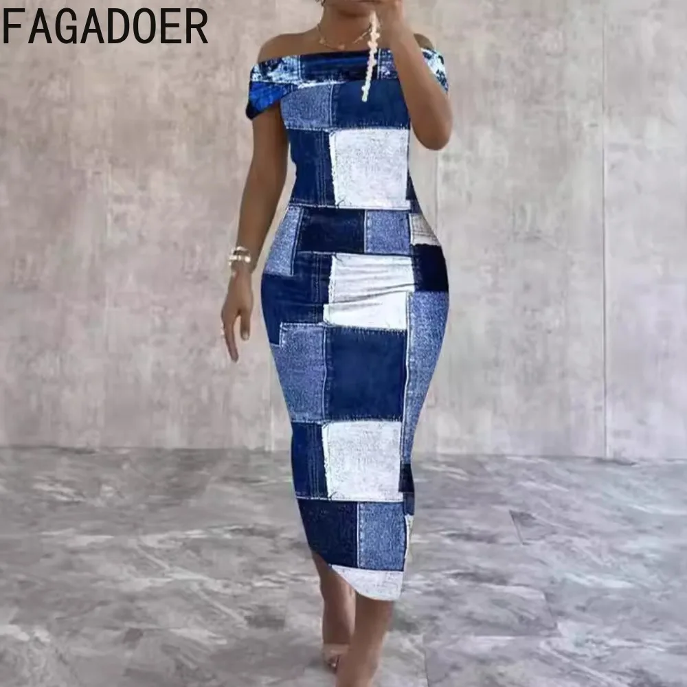 

FAGADOER Blue Fashion Color Stitching Printing Bodycon Long Dresses 2024 Women Off Shoulder Short Sleeve Backless Slim Vestidos