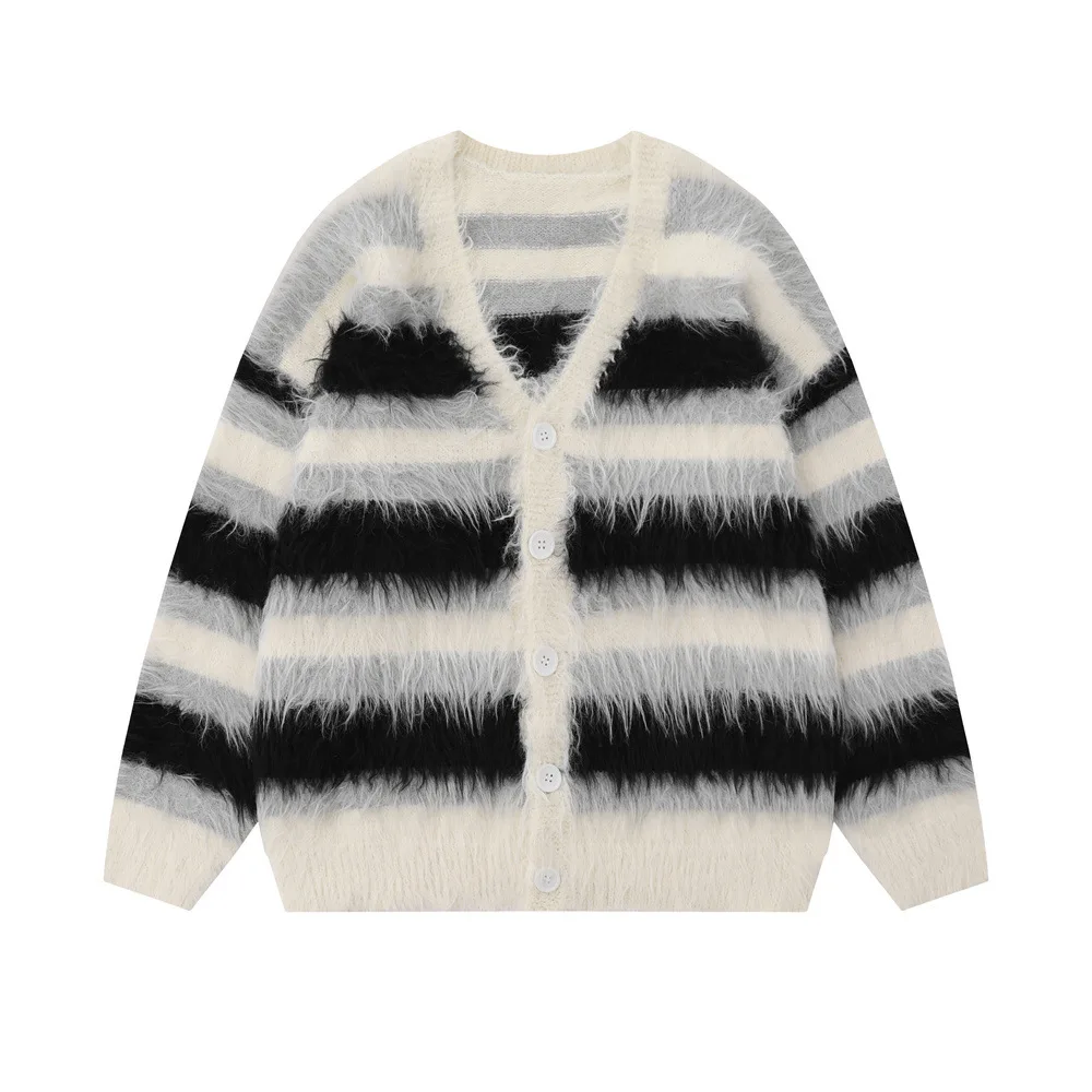 

Striped Plush V-neck Sweater Men's Loose Casual Brushed Knit Trendy Couple Versatile Comfortable Harajuku High Street Cardigan