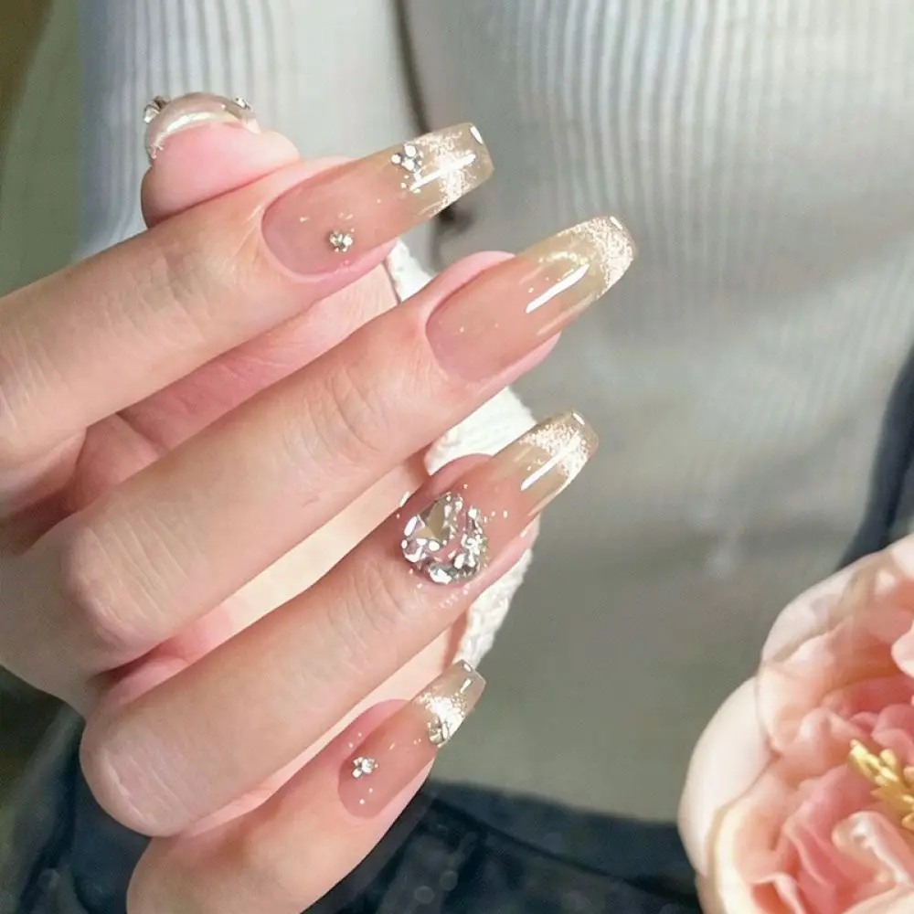 Fashionable Cat Eye Press On Nails Mid Length Rhinestone False Nails Elegant Style Artificial Nail Tips For Daily Wear