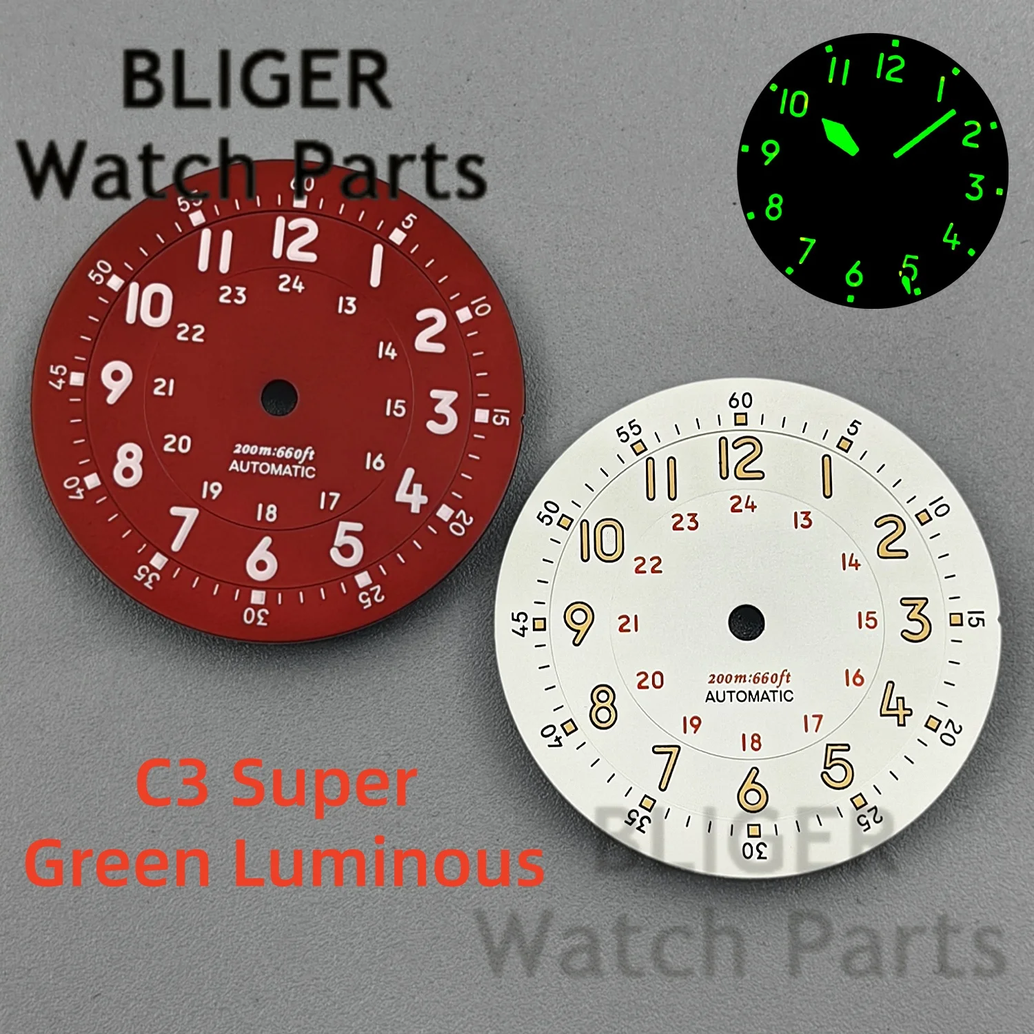 

Винтажный циферблат для часов BLIGER Pilot, 29 мм, зеленый, светящийся, с красными и белыми элементами, совместим с механизмами NH35/36, ETA2824, PT5000, Miyota DG2813