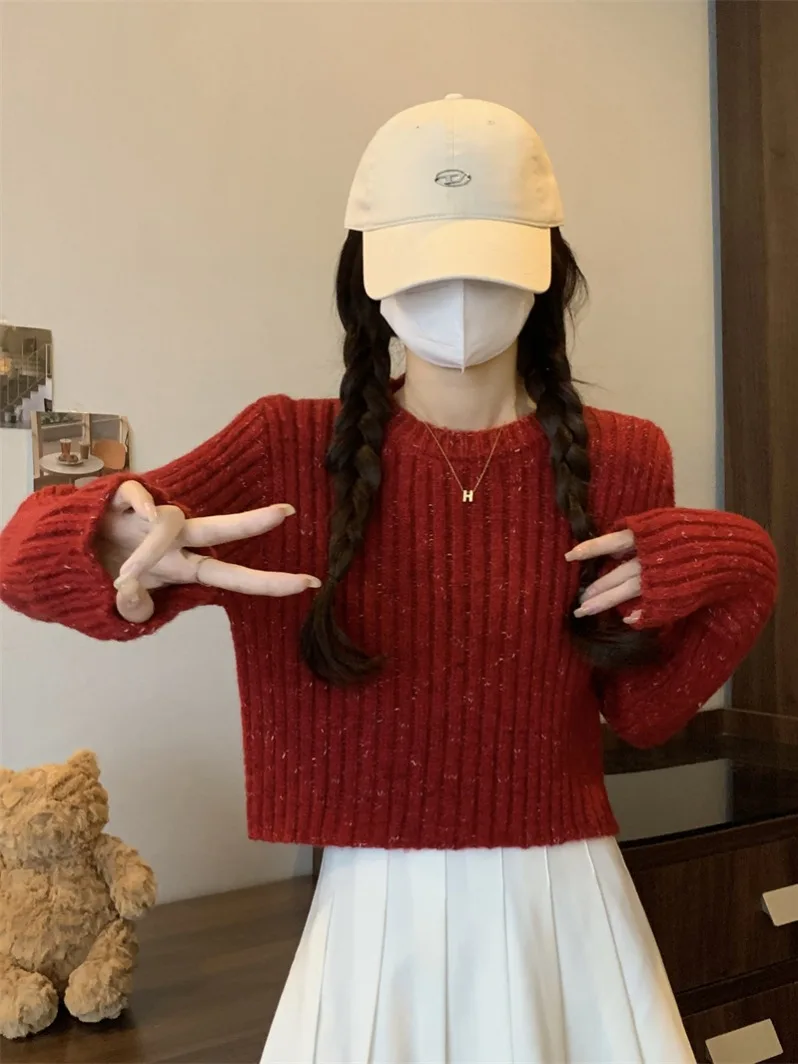 Karamell-Strickpullover für Damen, Herbst und Winter, SLE-Innenbekleidung, lockere Passform, Baumwolle, rund, Ne Long Sve Color