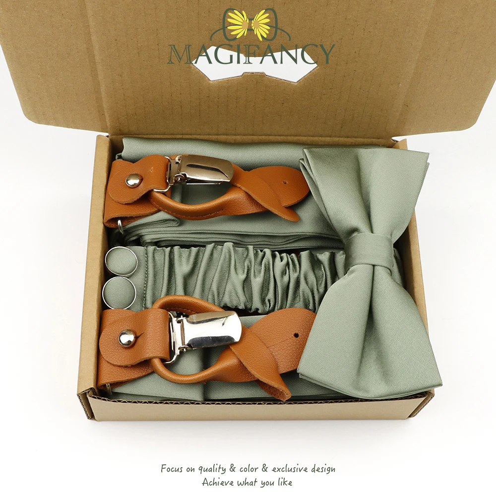 MAGIFANCY 4 PCS Suspender Bowtie Set Colorful Solid 3.5cm Brace Men Polyester Sage Salmon Pink Daily Wedding Top Accessory Gift