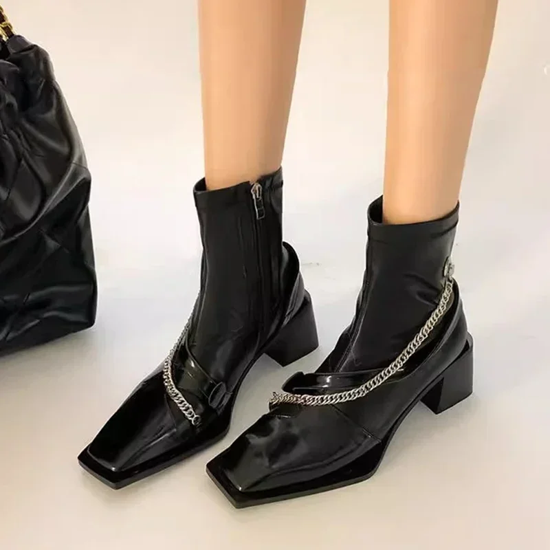 Chain Ankle Boots Women High Heels Square Toe Leather Shoes Woman 2024 Trend Pumps Winter Gladitor Snow Chelsea Botas De Mujer