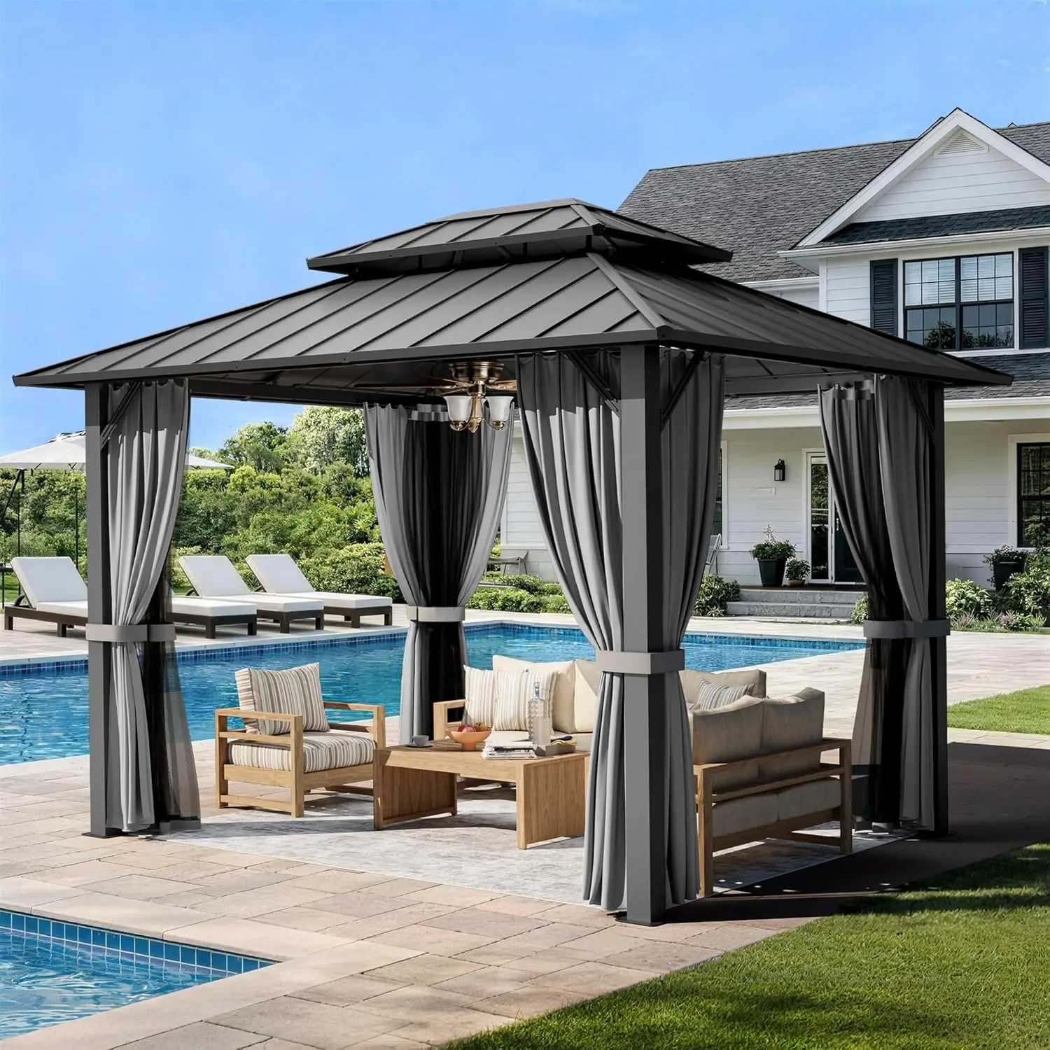 

10x12FT Hardtop Gazebo,Galvanized Steel Double Roof with Aluminum Frame,Outdoor Permanent Pavilion with Breathable Netting