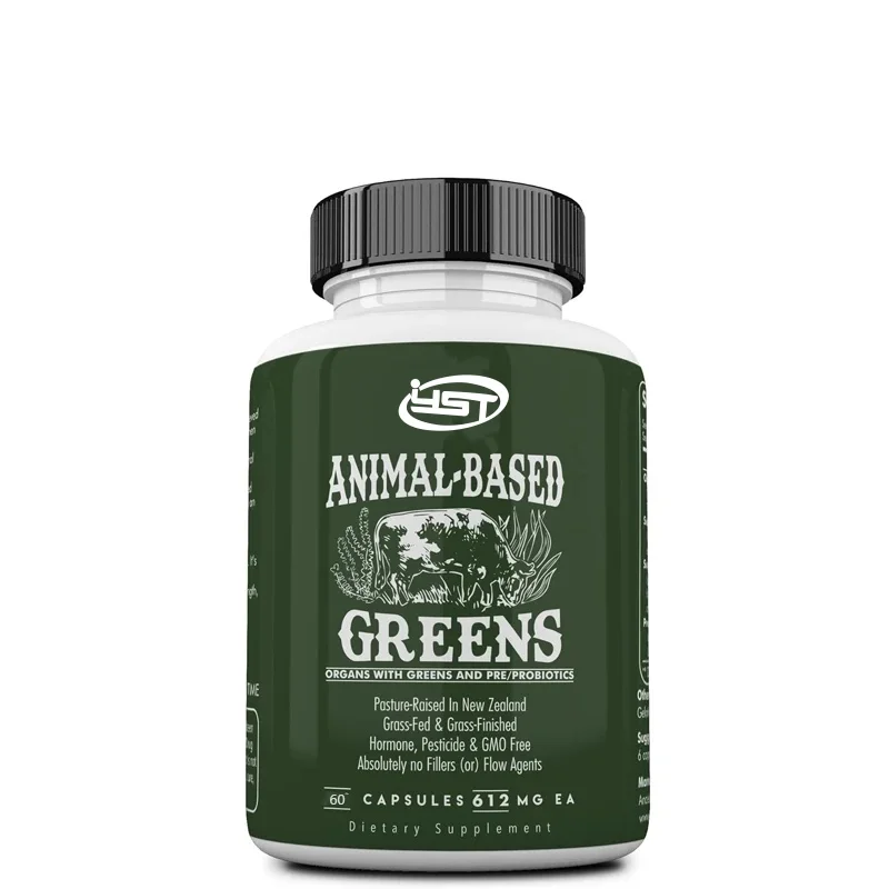 Organic superfood green and red mixture, containing spirulina, chlorella, grass fed beef organs, and probiotics