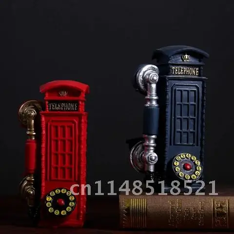 Resin Telephone Booth Figurines 21cm VILEAD Creative European Call Box Piggy Bank Decoration Handmade Crafts Vintage Gifts Hogar