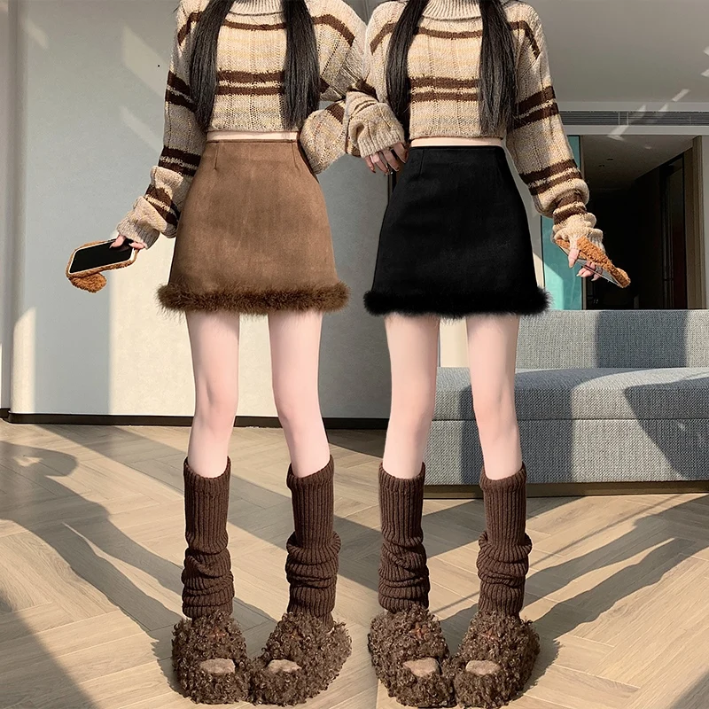 Retro Pittig Meisje Herten Huid Fluwelen Herfst Winter Nieuwe Sle A-lijn Rok Wrap Body f-lengte Rok Hoge Taille ort Rok