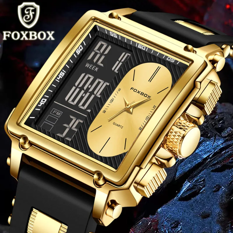 LIGE Fashion Gold Watch Men FOXBOX Top Brand Luxury Men\'s Quartz Wristwatches Casual Military Digital Waterproof Watch For Men