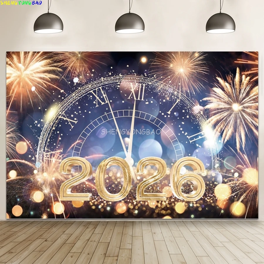 2026 سنة جديدة سعيدة حفلة خلفية بريق ساعة الشمبانيا الذهب بالونات المنزل حفلة راية الديكور التصوير خلفية #5