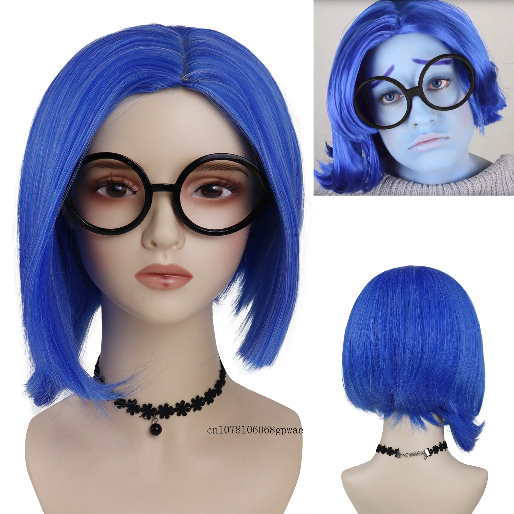 

Blue Wigs Sadness Costume Synthetic Short Bob Wig with Glasses for Women Girls Cosplay Halloween Anime Outfit Heat Resistant