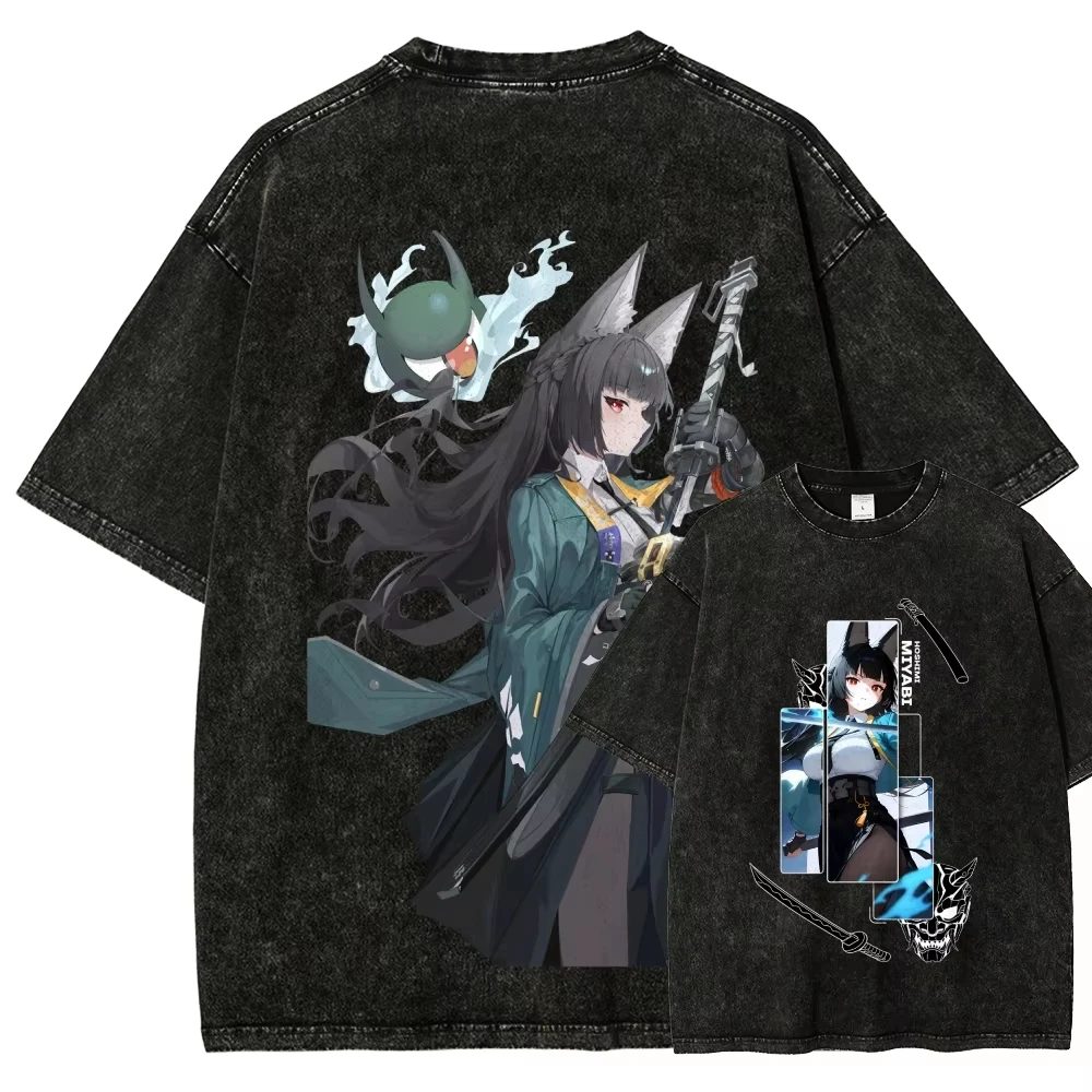 Herren Damen Vintage Washed Graphic T-Shirt Zenless Zone Zero Ellen Joe Shark Anime Print Rundhals Kurzarm Streetwear Oberteile – Detail 4