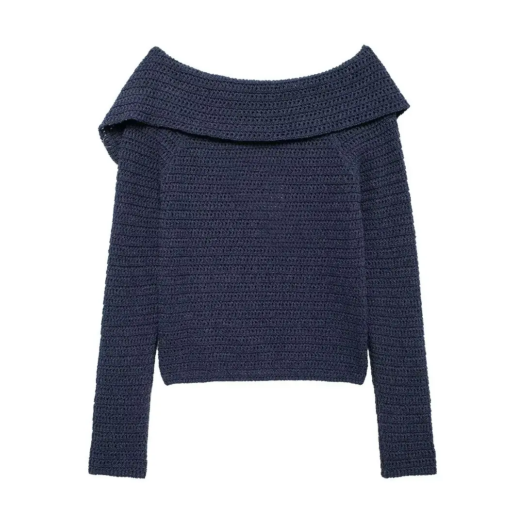 Tangada 2024 Women Off Shoulder Crop Knit Cardigan Sweaters Turn Down Collar Long Sleeve Female Outerwear BE0235