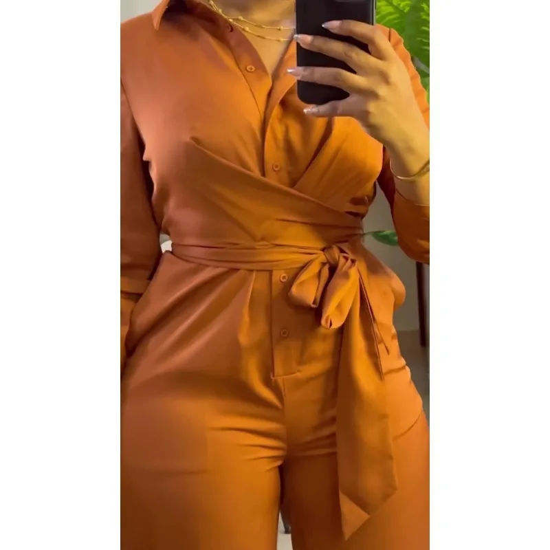 Jumpsuit wanita lengan panjang kasual, Jumpsuit wanita, Jumpsuit lengan panjang, desain renda, Lapel baru, kasual, untuk wanita