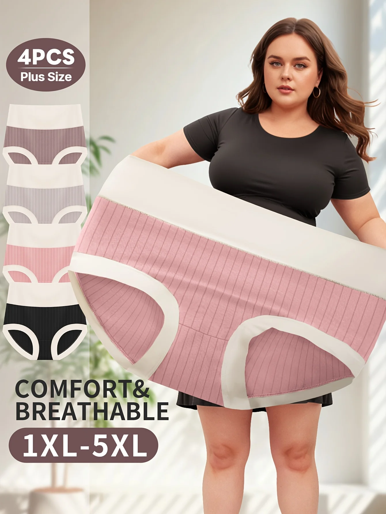 

4pcs Plus Size High-Waist Tummy Control Shapewear Panties, Striped Comfort Fit with Butt Lift - Blend, Triangle Panties, Slimmi