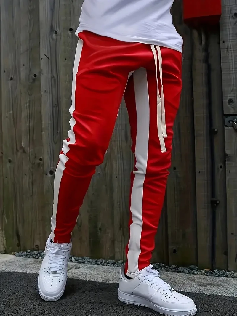 Casual Men Sweatpants Contrast Colors Elastic Waist Male Pants Drawstring Breathable Autumn Trousers for Jogging